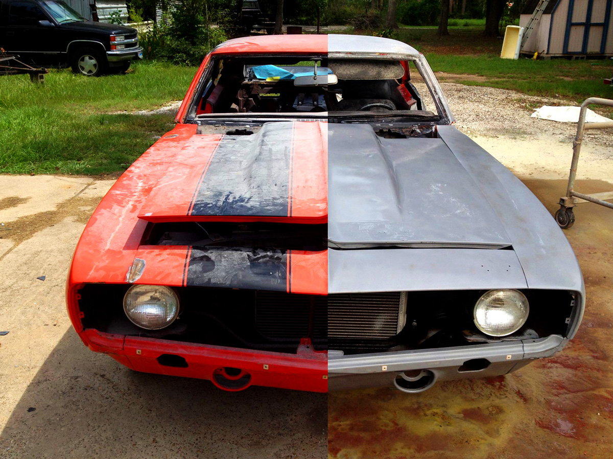 Classic car body during dustless blasting